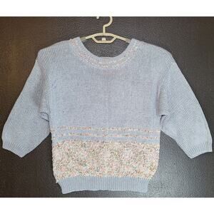 Vintage 80s Knit Cropped 3/4 Sleeve Pastel Blue/Multicolor Sweater Medium